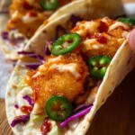 Air Fryer Bang Bang Shrimp Tacos served in a tortilla with fresh toppings
