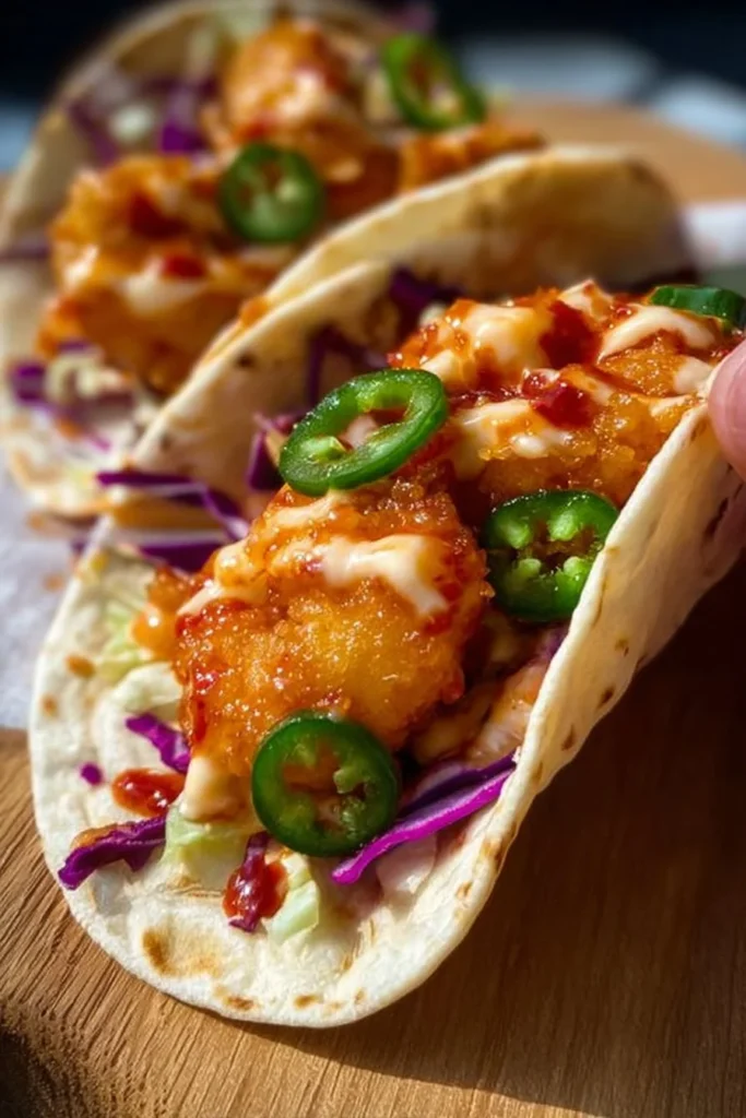 Air Fryer Bang Bang Shrimp Tacos served in a tortilla with fresh toppings