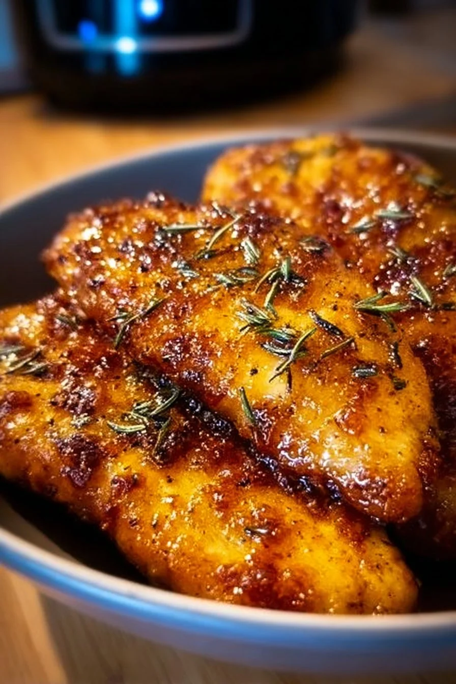 Air fryer maple glazed chicken breast served with fresh vegetables.