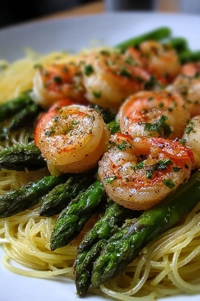 Plate of Asparagus Shrimp Angel Hair Pasta garnished with herbs
