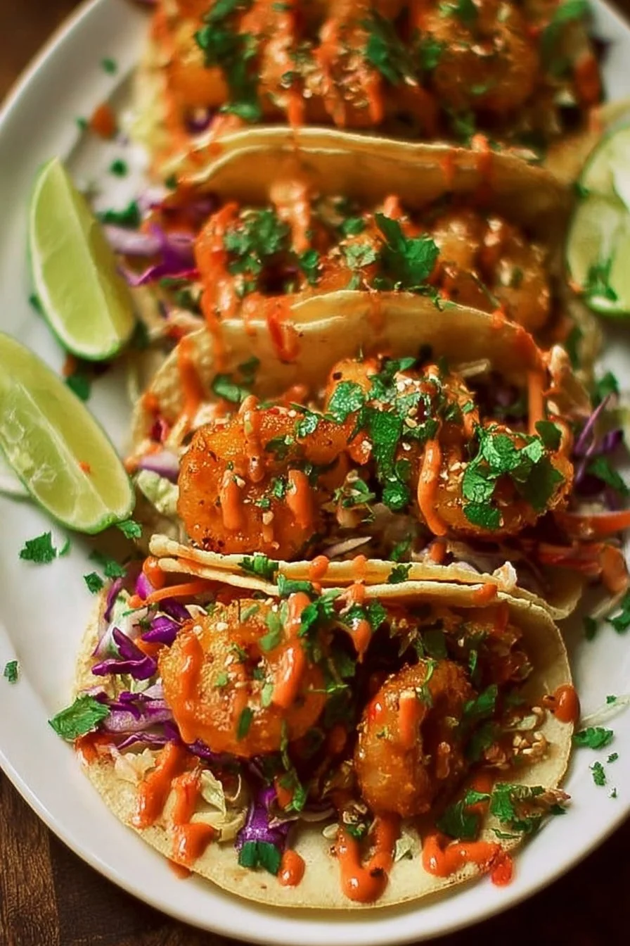 Bang Bang Shrimp Tacos 2 Bang Bang Shrimp Tacos with crispy shrimp and spicy sauce
