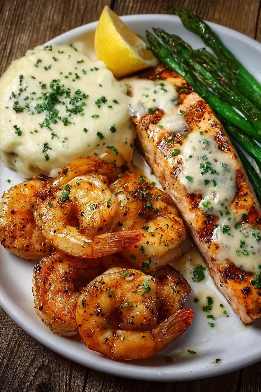 Plate of Cajun shrimp and salmon in garlic cream sauce garnished with herbs