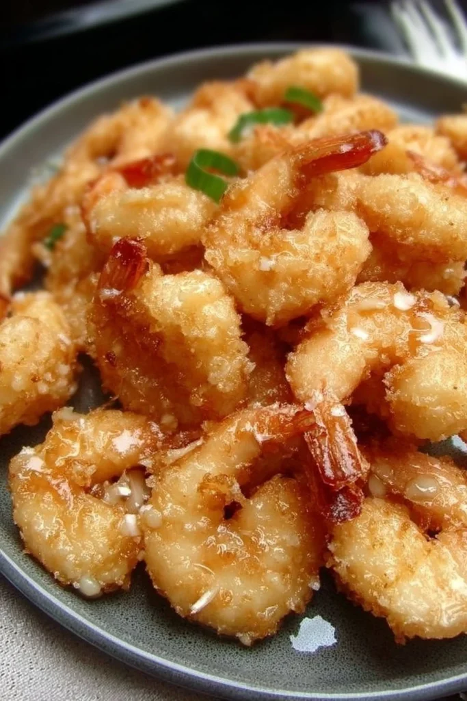 Plate of Chinese Coconut Shrimp garnished with fresh herbs