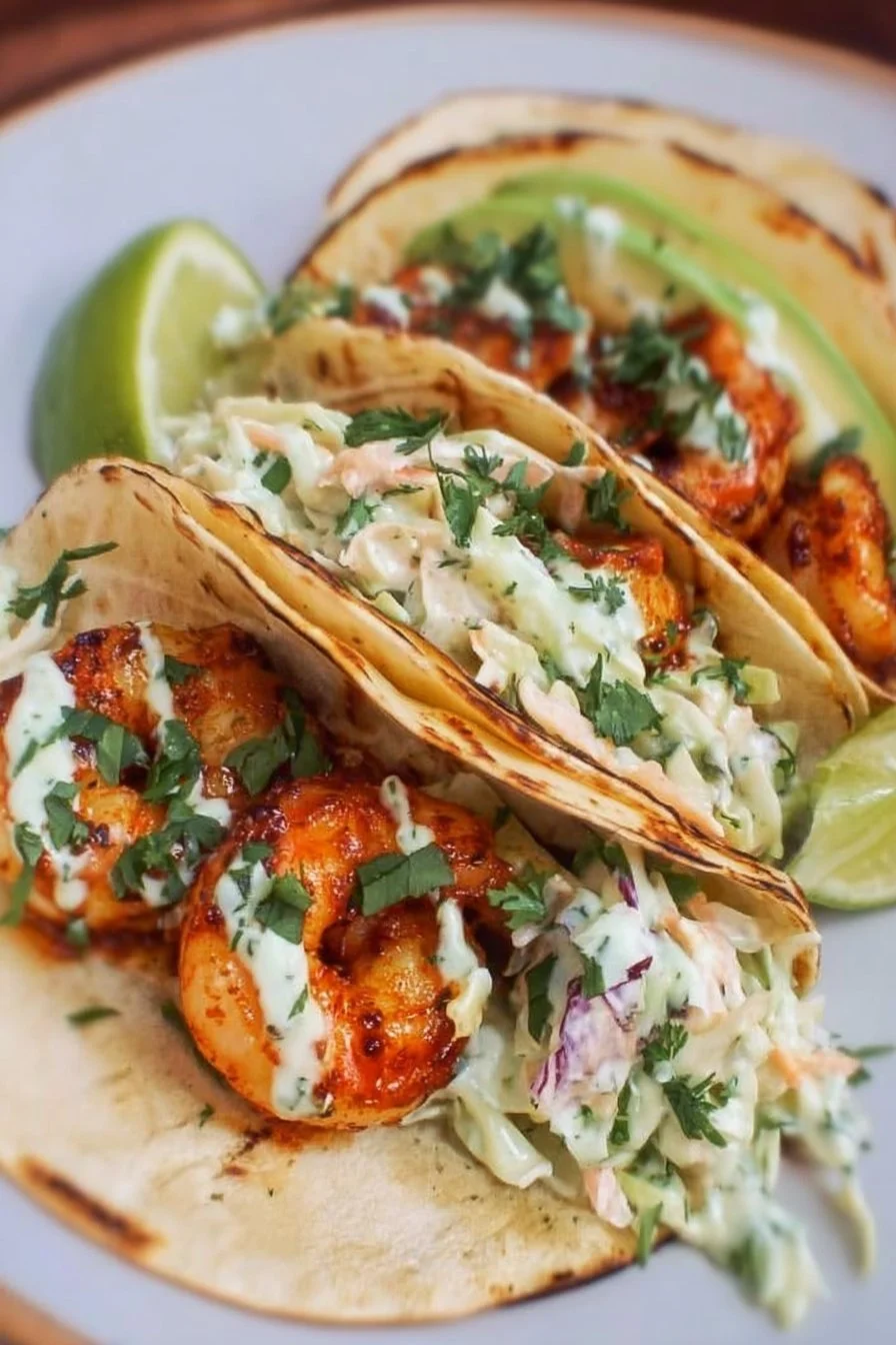 Cilantro Lime Shrimp Tacos with Creamy Slaw 2 Cilantro lime shrimp tacos served with creamy slaw on a plate