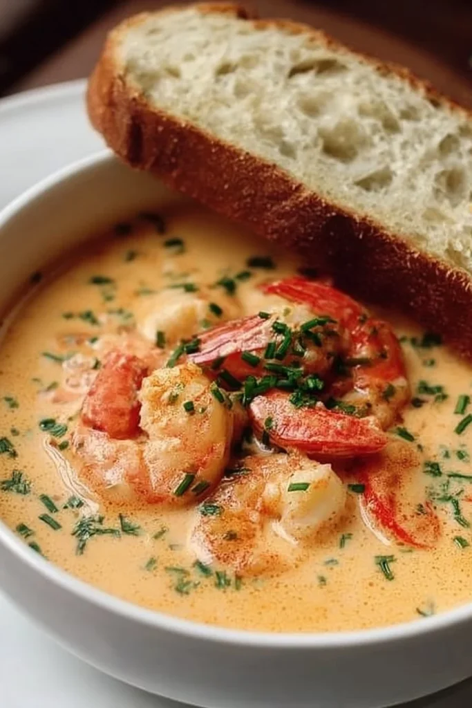 Delicious crab and shrimp seafood bisque served in a bowl, garnished with herbs.
