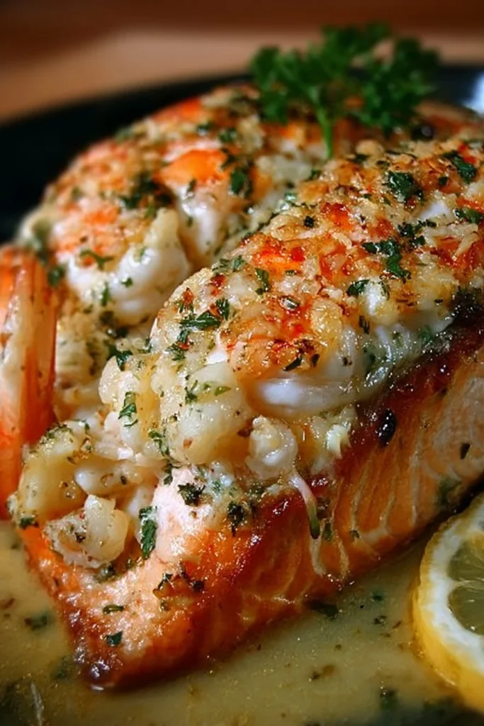 Crab and shrimp stuffed salmon served on a plate garnished with herbs