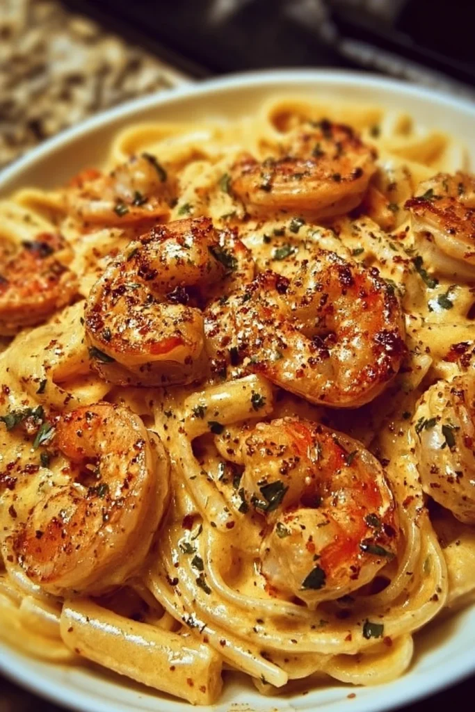 Creamy Cajun shrimp pasta served in a bowl with fresh herbs