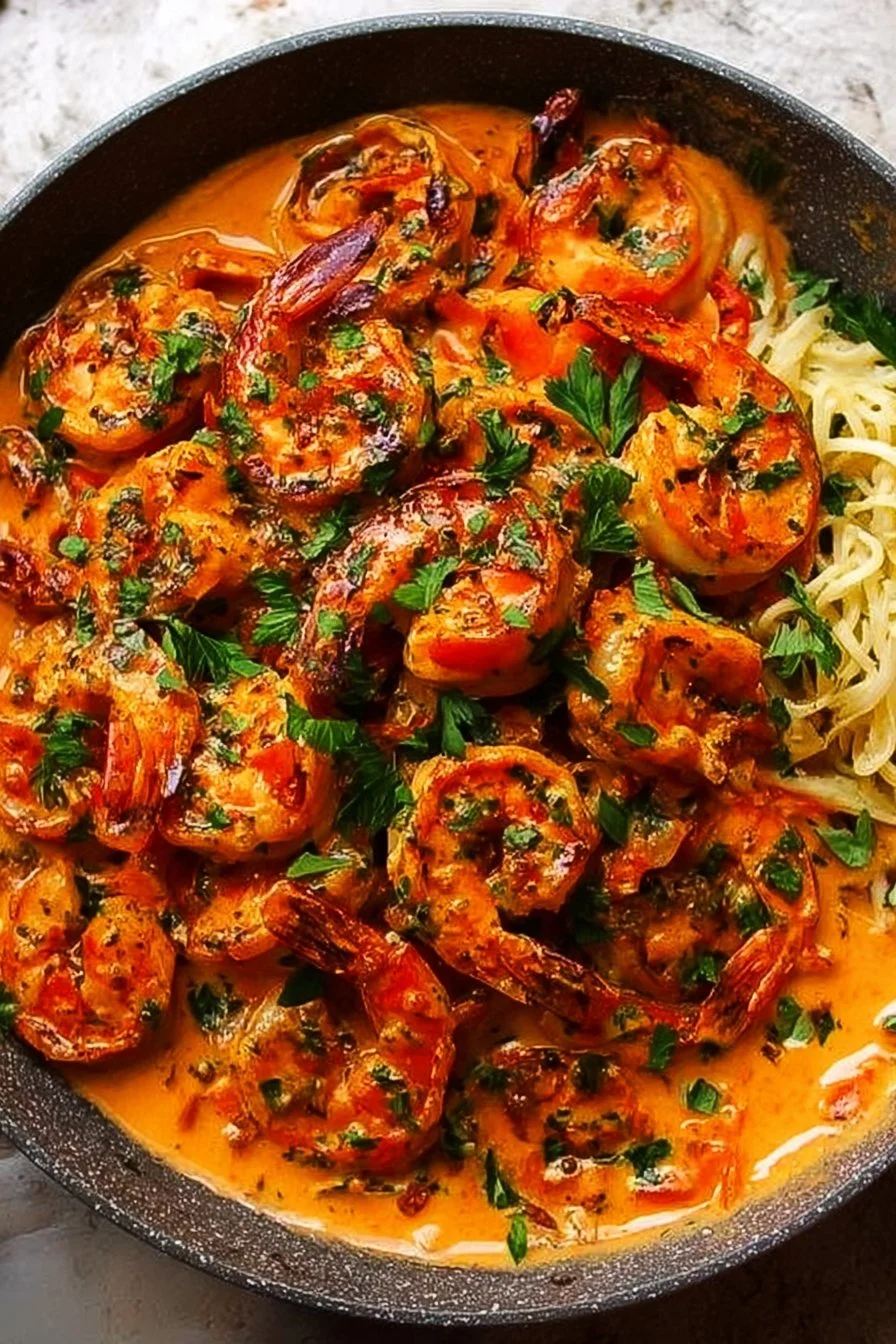Creamy garlic-paprika shrimp skillet garnished with herbs