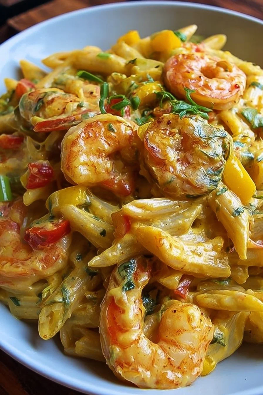 Delicious creamy Jamaican shrimp Rasta Pasta served in a bowl