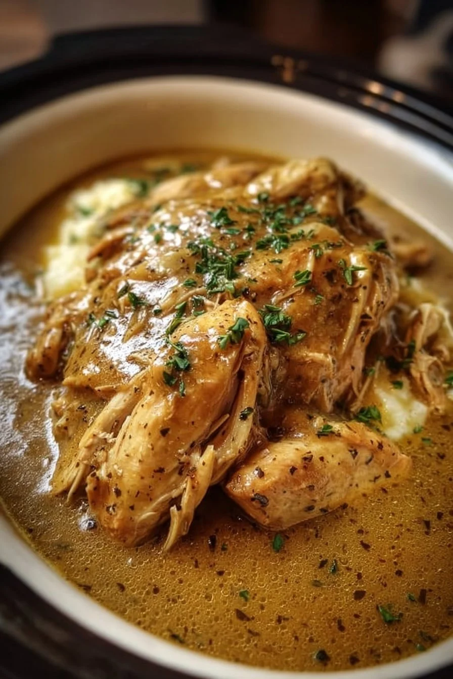 Crockpot Chicken and Gravy 2 Crockpot Chicken and Gravy served in a bowl with herbs on top