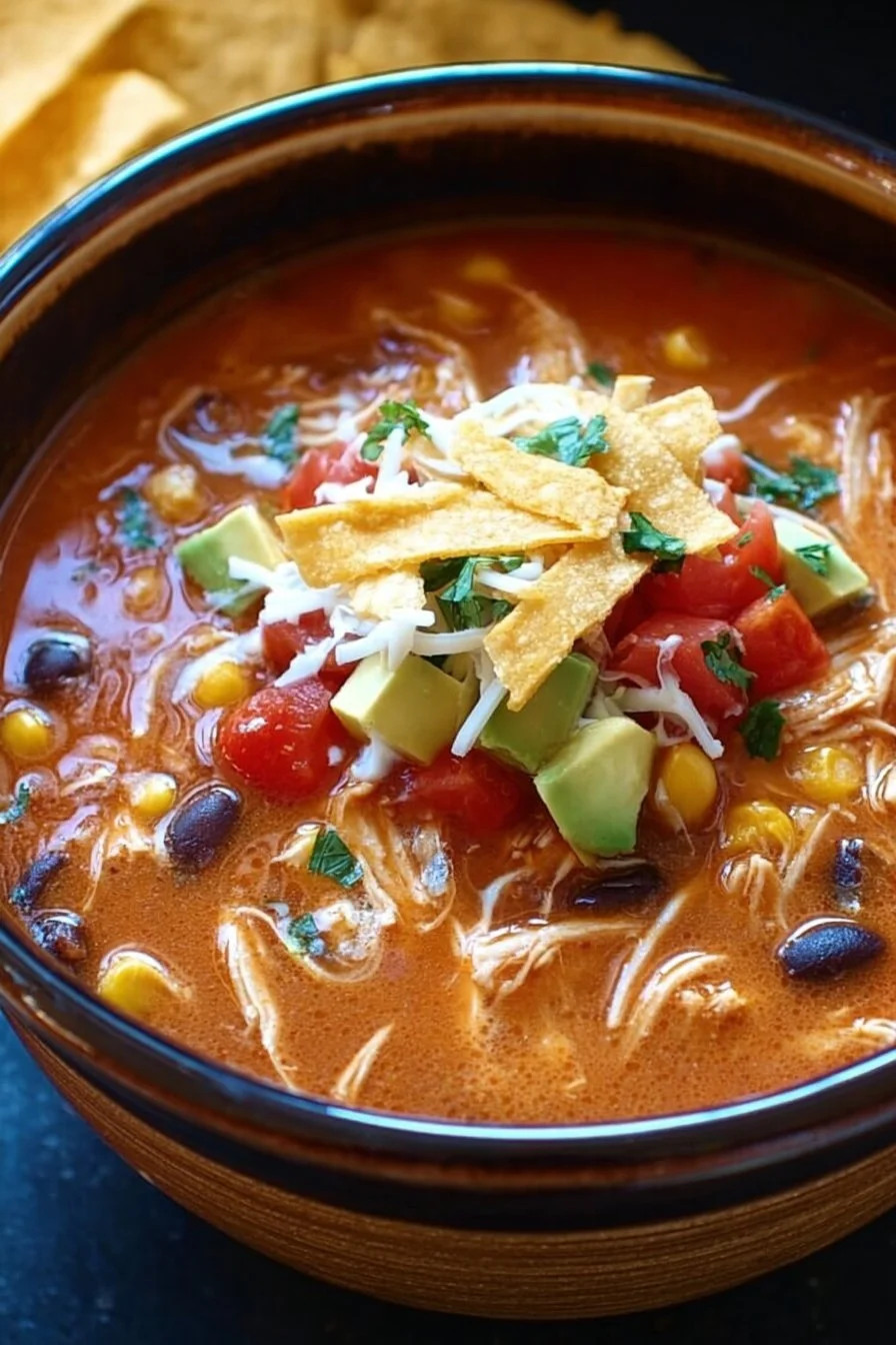 Crockpot Chicken Tortilla Soup with tortilla strips and cilantro garnished.