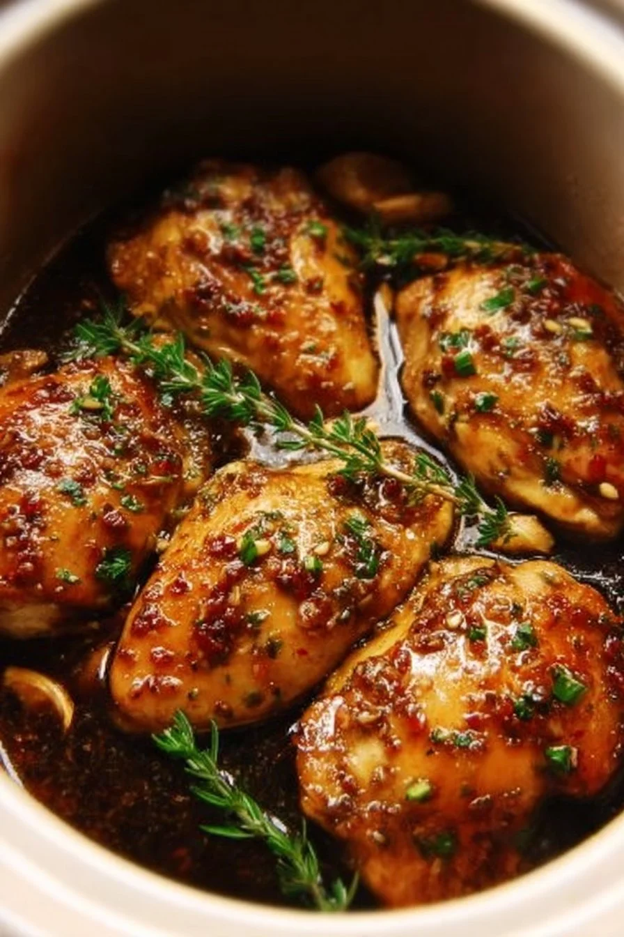 Crockpot Honey Garlic Chicken 2 Crockpot Honey Garlic Chicken served with steamed vegetables and rice.