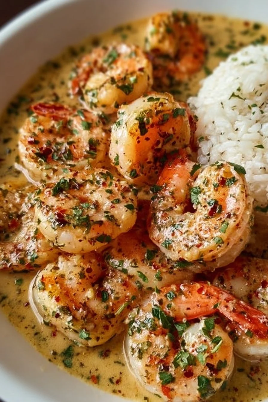Easy Creamy Garlic Shrimp 2 Bowl of easy creamy garlic shrimp served with herbs and lemon.