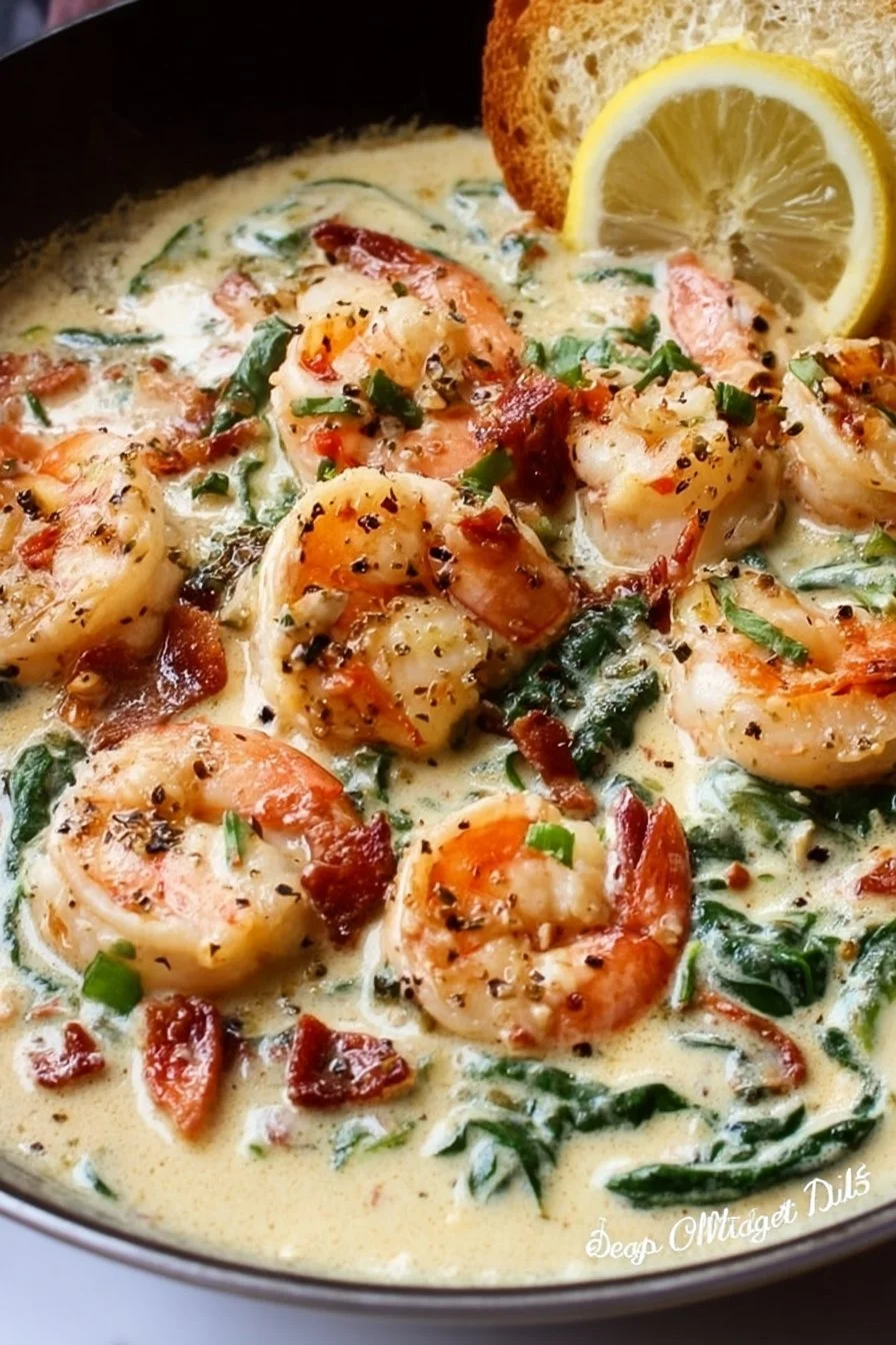 Creamy Tuscan shrimp in a skillet with spinach and sun-dried tomatoes