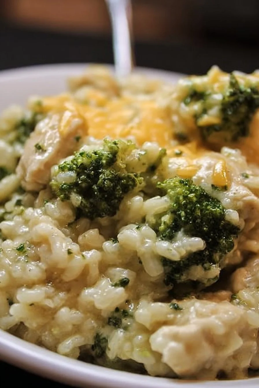 Easy Crockpot Cheesy Chicken Broccoli Rice 2 Easy Crockpot Cheesy Chicken Broccoli Rice dish ready to serve