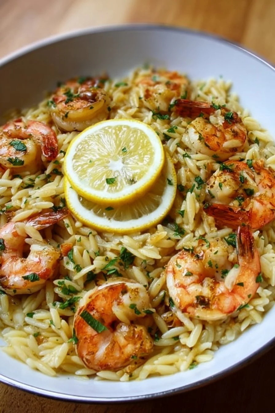 Delicious easy shrimp orzo with lemon garlic sauce in a bowl