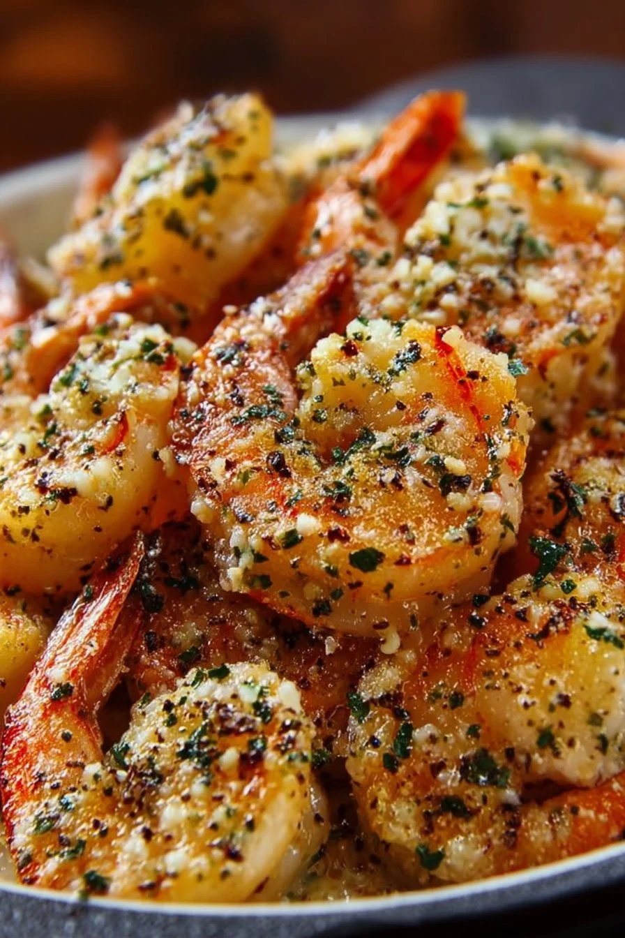 Plate of garlic parmesan roasted shrimp with herbs and lemon wedge