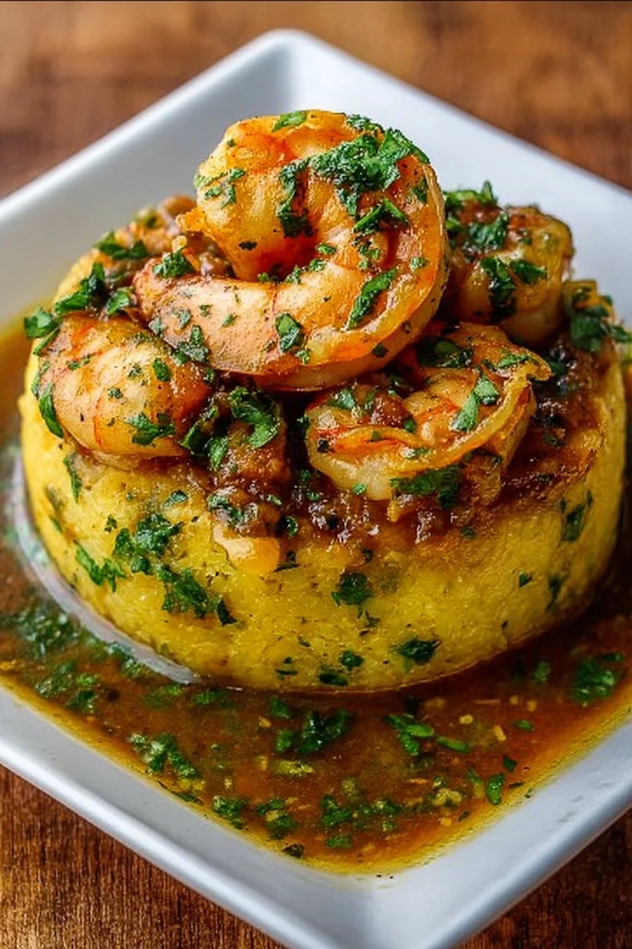Delicious Garlic Shrimp Mofongo served on a plate, garnished with fresh herbs.