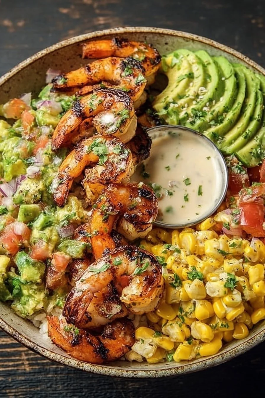 Grilled shrimp bowl garnished with avocado and corn salsa for a healthy meal.
