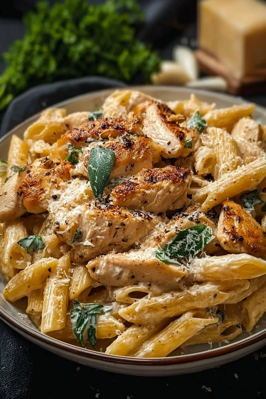 Healthy Creamy Garlic Parmesan Chicken Pasta with chicken and garlic seasoning