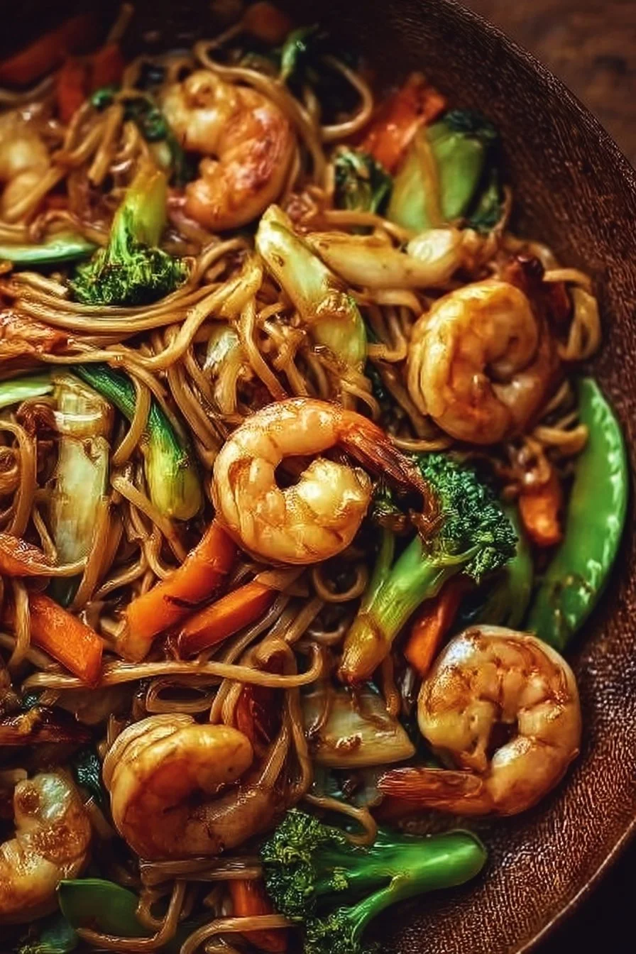 High-protein one-pan shrimp stir fry with noodles and colorful vegetables.