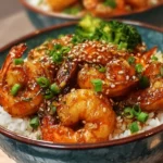 Delicious honey garlic shrimp bowls garnished with vegetables and rice