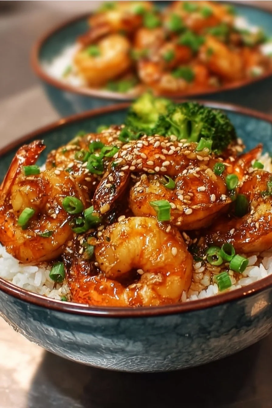 Delicious honey garlic shrimp bowls garnished with vegetables and rice