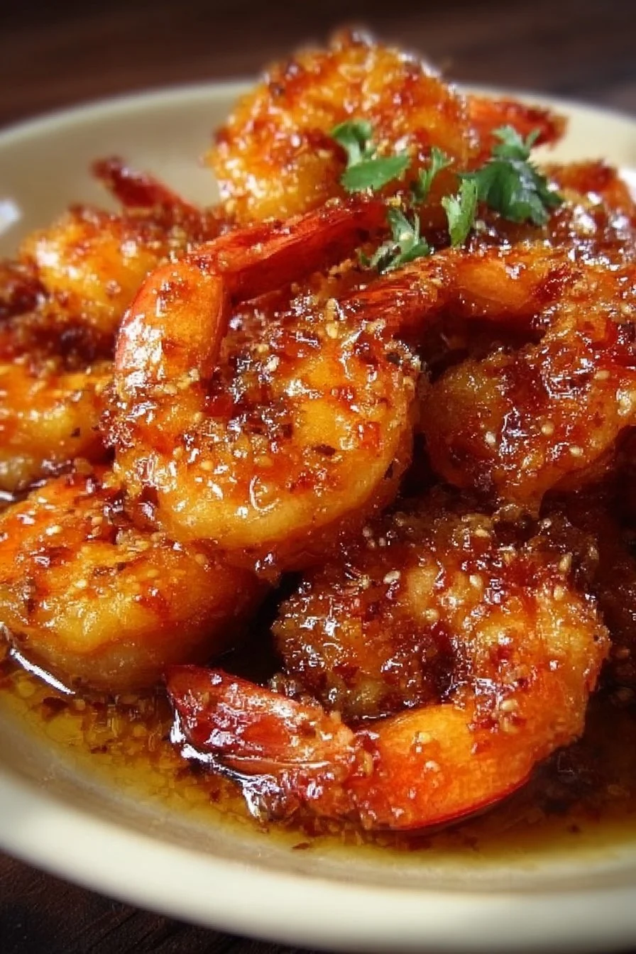 Plate of hot honey fried shrimp garnished with herbs and sauce