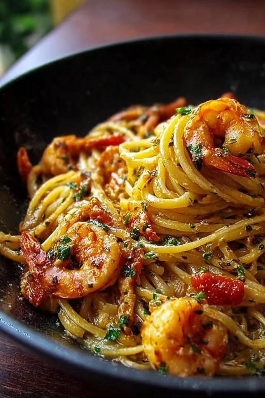 Bowl of Jamaican Shrimp Pasta with creamy sauce and fresh herbs