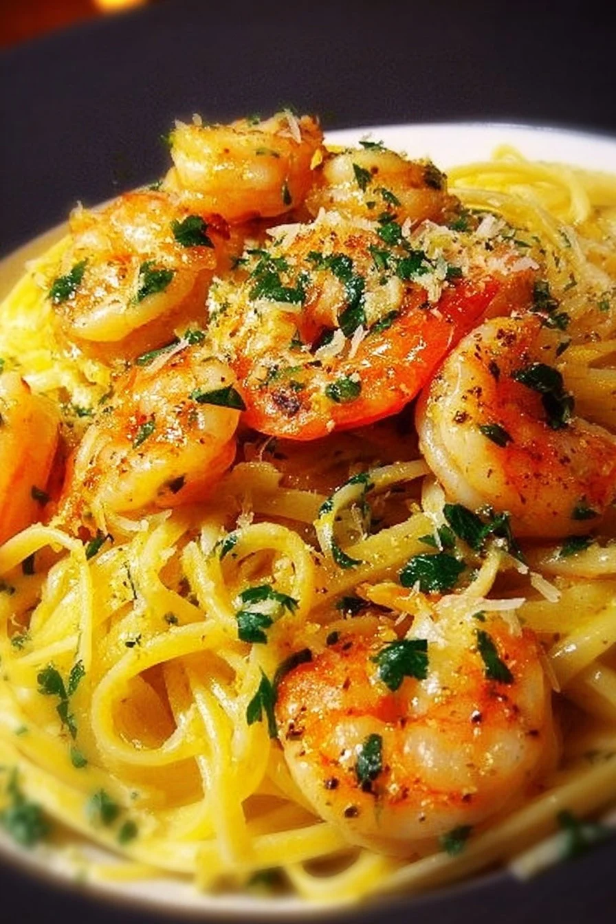 Lemon Butter Shrimp Pasta served in a bowl garnished with herbs and lemon slices.