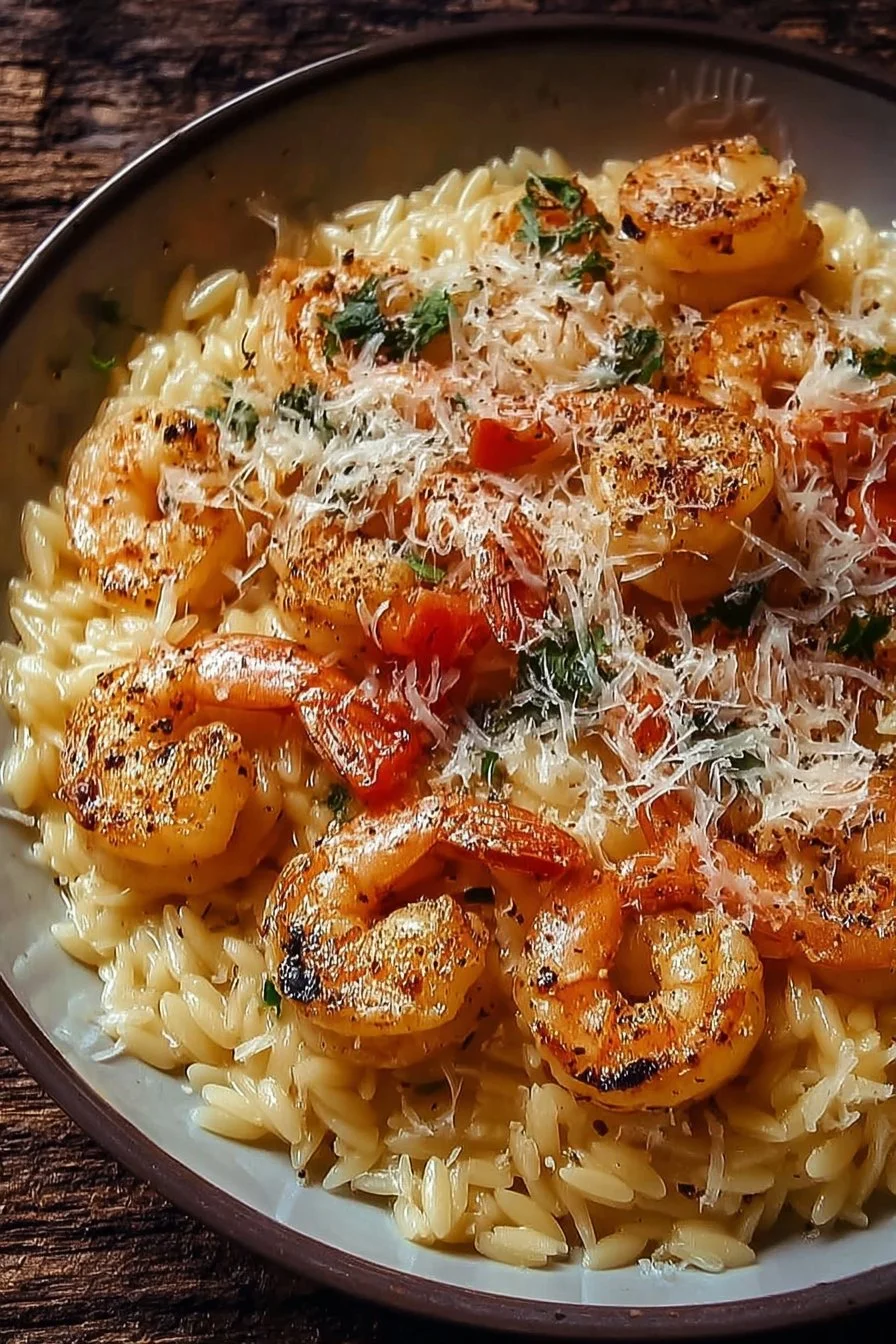 Delicious Parmesan Orzo with Shrimp served in a bowl