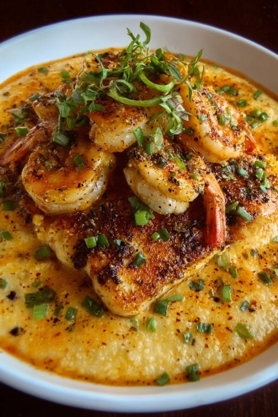 Cajun Red Snapper Shrimp Grits served in a bowl with herbs and spices