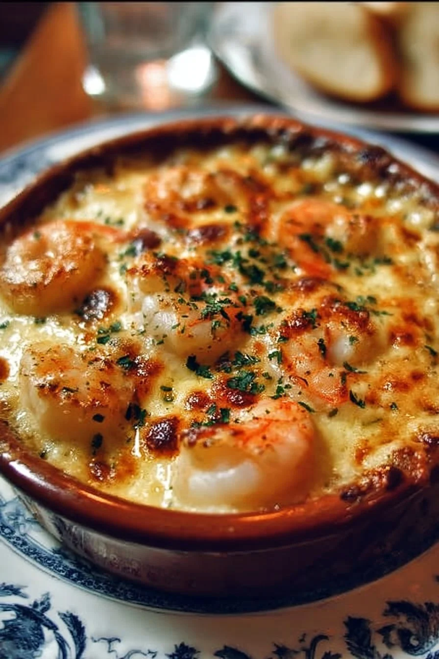 Delicious Seafood Gratin topped with cheese and fresh seafood