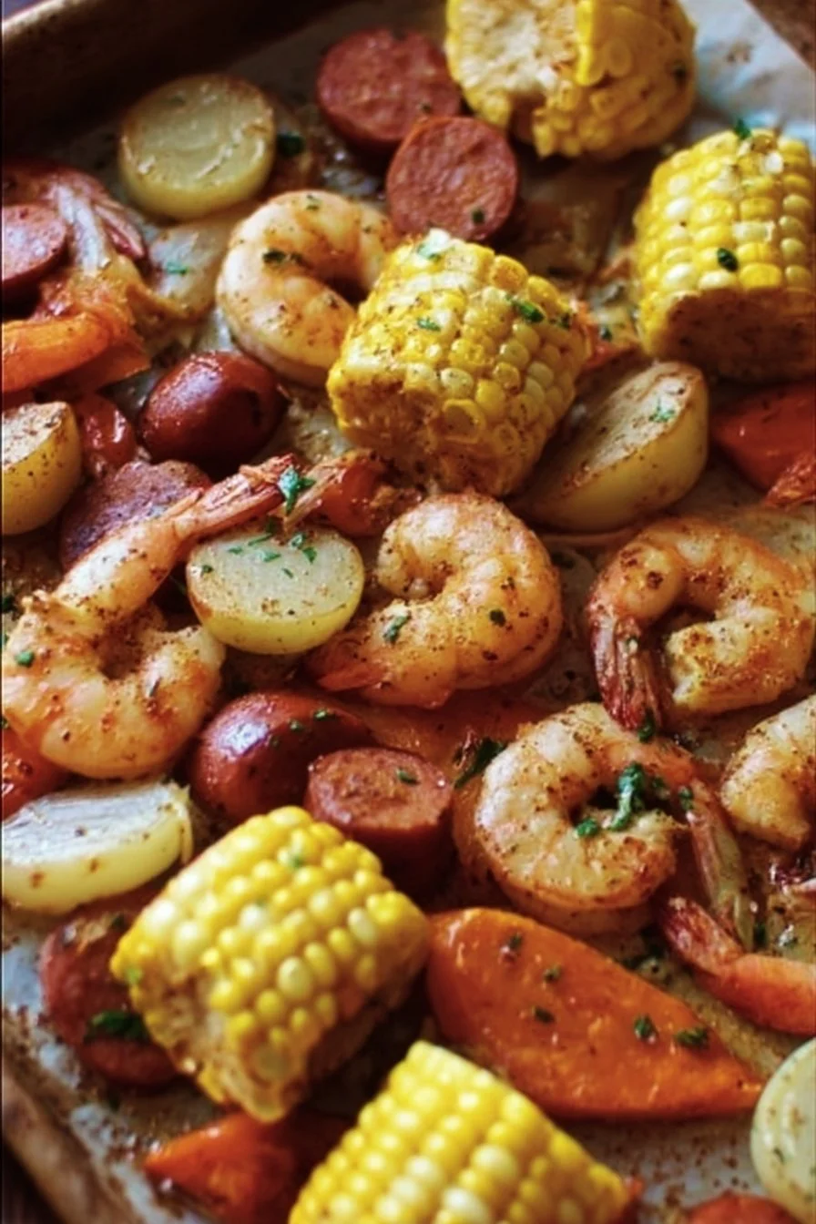 Sheet pan shrimp boil with shrimp, corn, potatoes, and spices cooked together