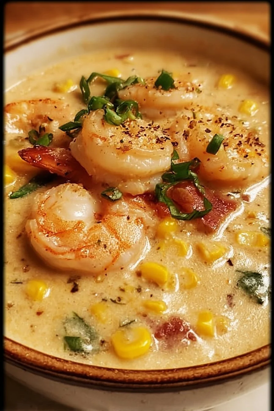 Bowl of shrimp and corn chowder garnished with herbs