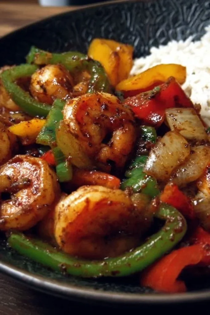 Shrimp and pepper stir fry served in a colorful bowl