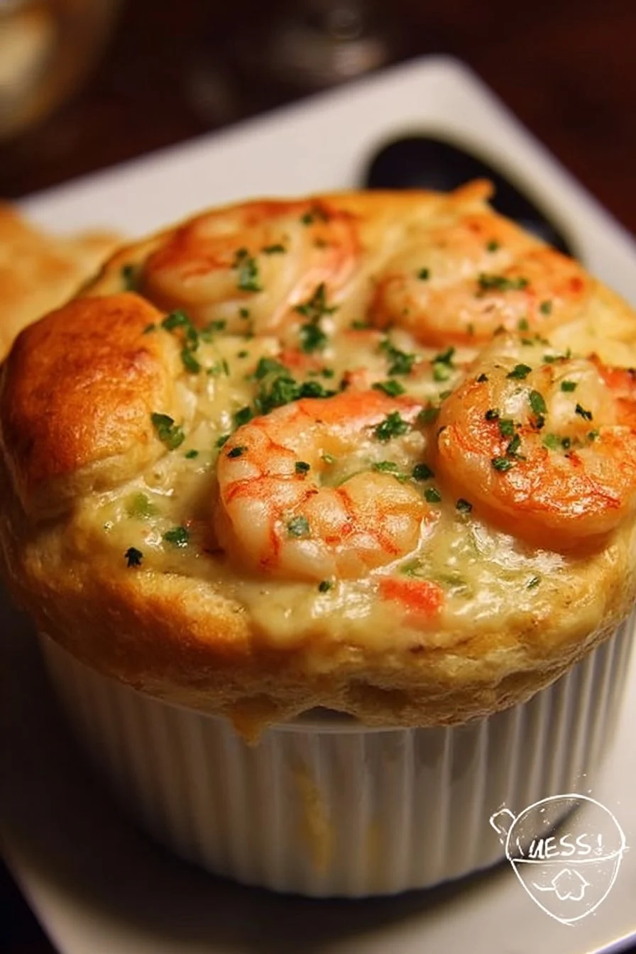 Shrimp and Lobster Cheddar Bay Biscuit Pot Pie served in a cozy kitchen setting.