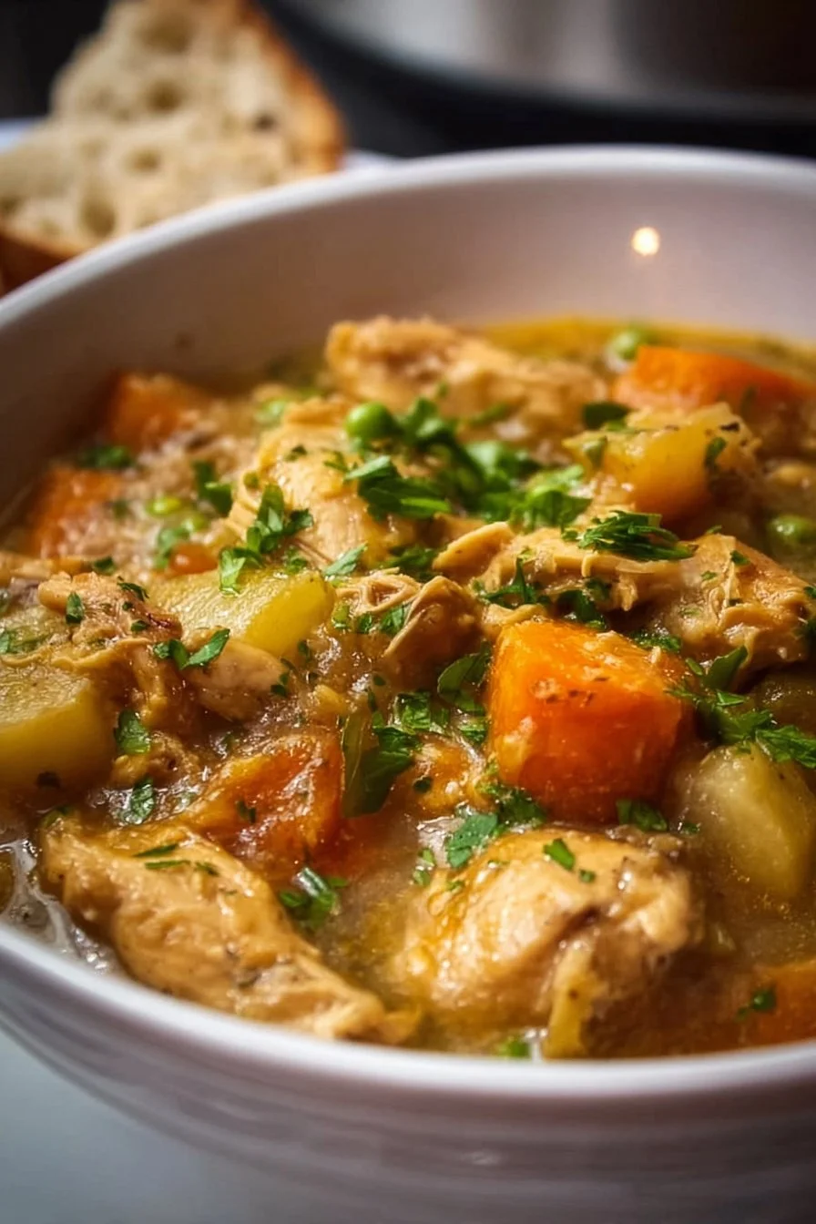 Slow Cooker Chicken Stew Recipe 2 Bowl of slow cooker chicken stew with vegetables and herbs