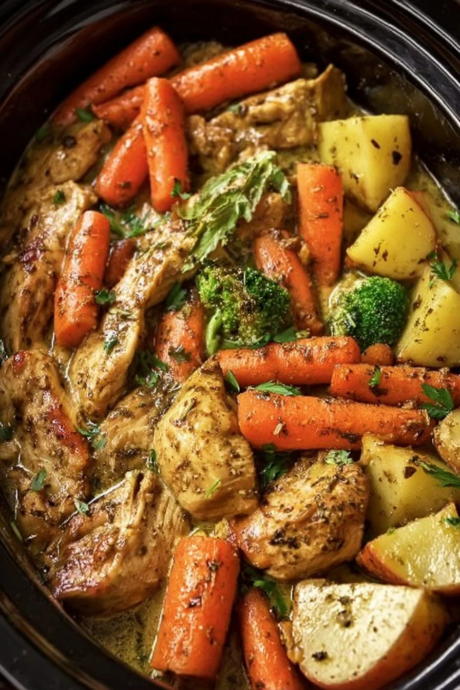 Slow Cooker Garlic Butter Chicken and Veggies 2 Slow cooker garlic butter chicken served with fresh vegetables