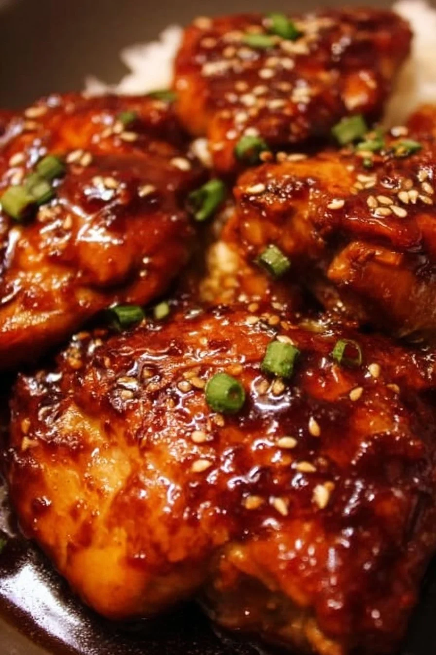 Slow cooker honey garlic chicken served with rice and vegetables