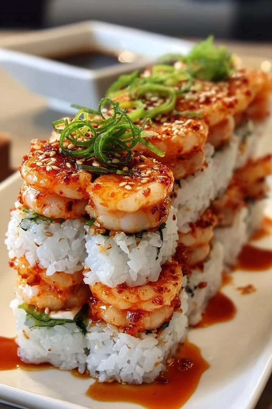 Spicy shrimp sushi stacks garnished with fresh ingredients and sauces.