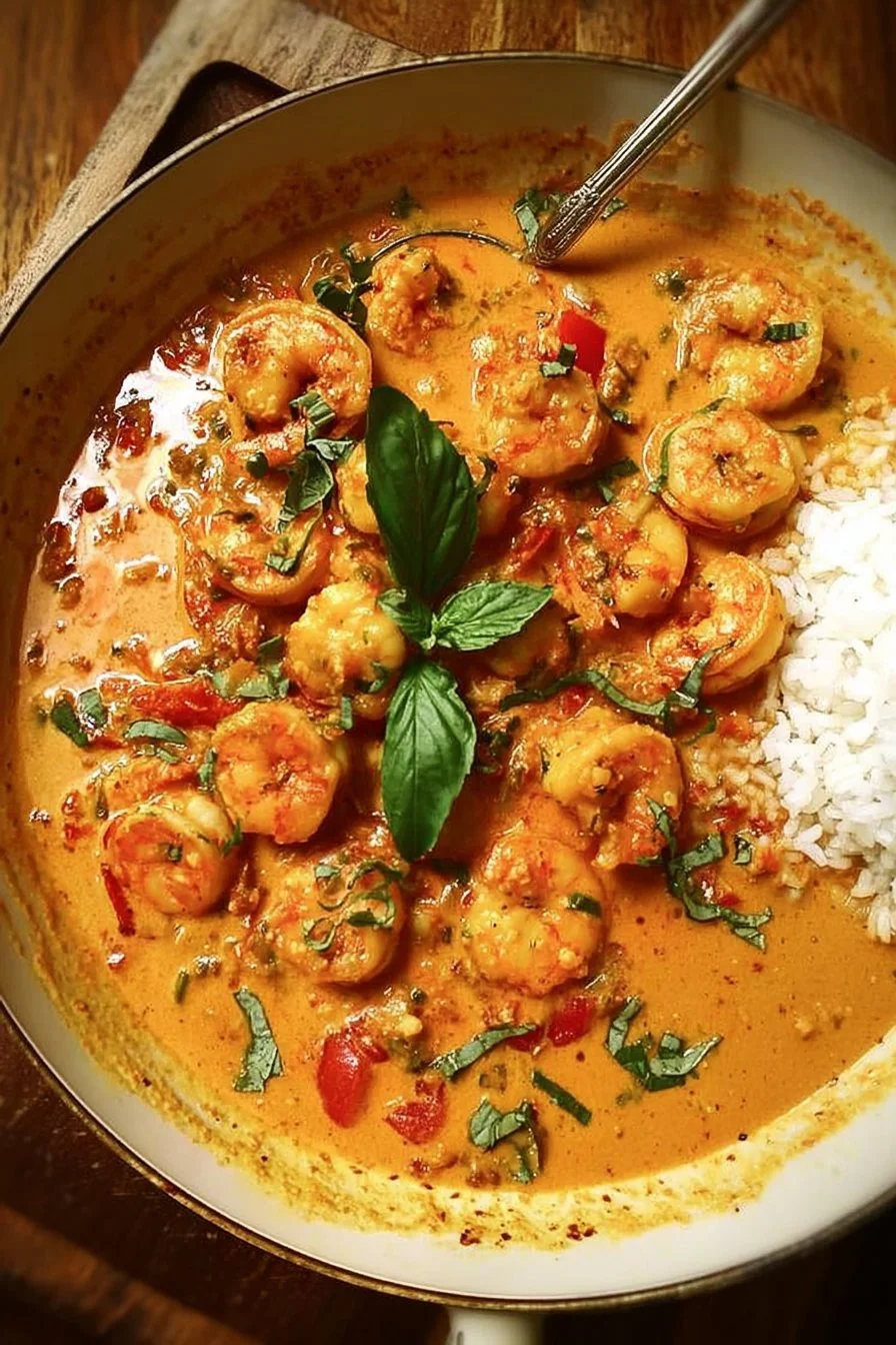 Thai Coconut Shrimp Curry 2 Delicious Thai Coconut Shrimp Curry served in a bowl with fresh herbs