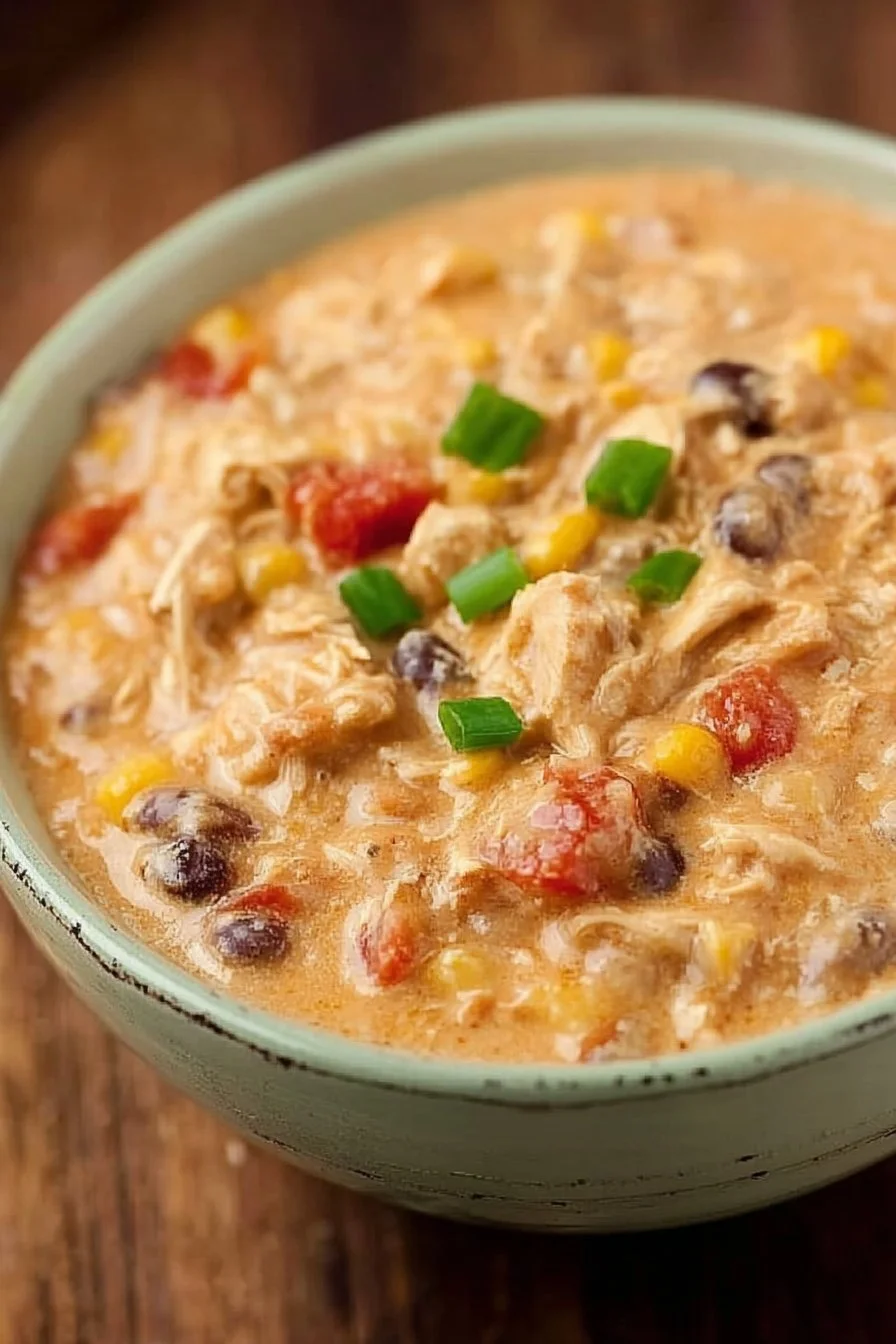 Throw this Crock Pot Cream Cheese Chicken Chili recipe into your slow cooker in the morning and you'll… 2 Bowl of creamy chicken chili made with cream cheese, served with toppings.
