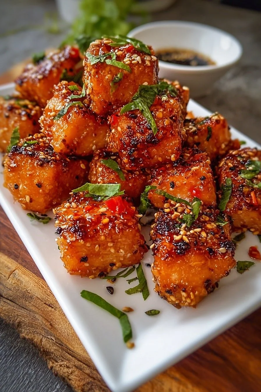 Air Fryer Bang Bang Salmon Bites served on a plate with dipping sauce