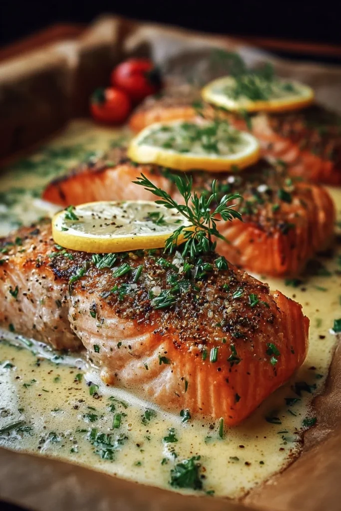 Baked Boursin Salmon garnished with herbs on a plate