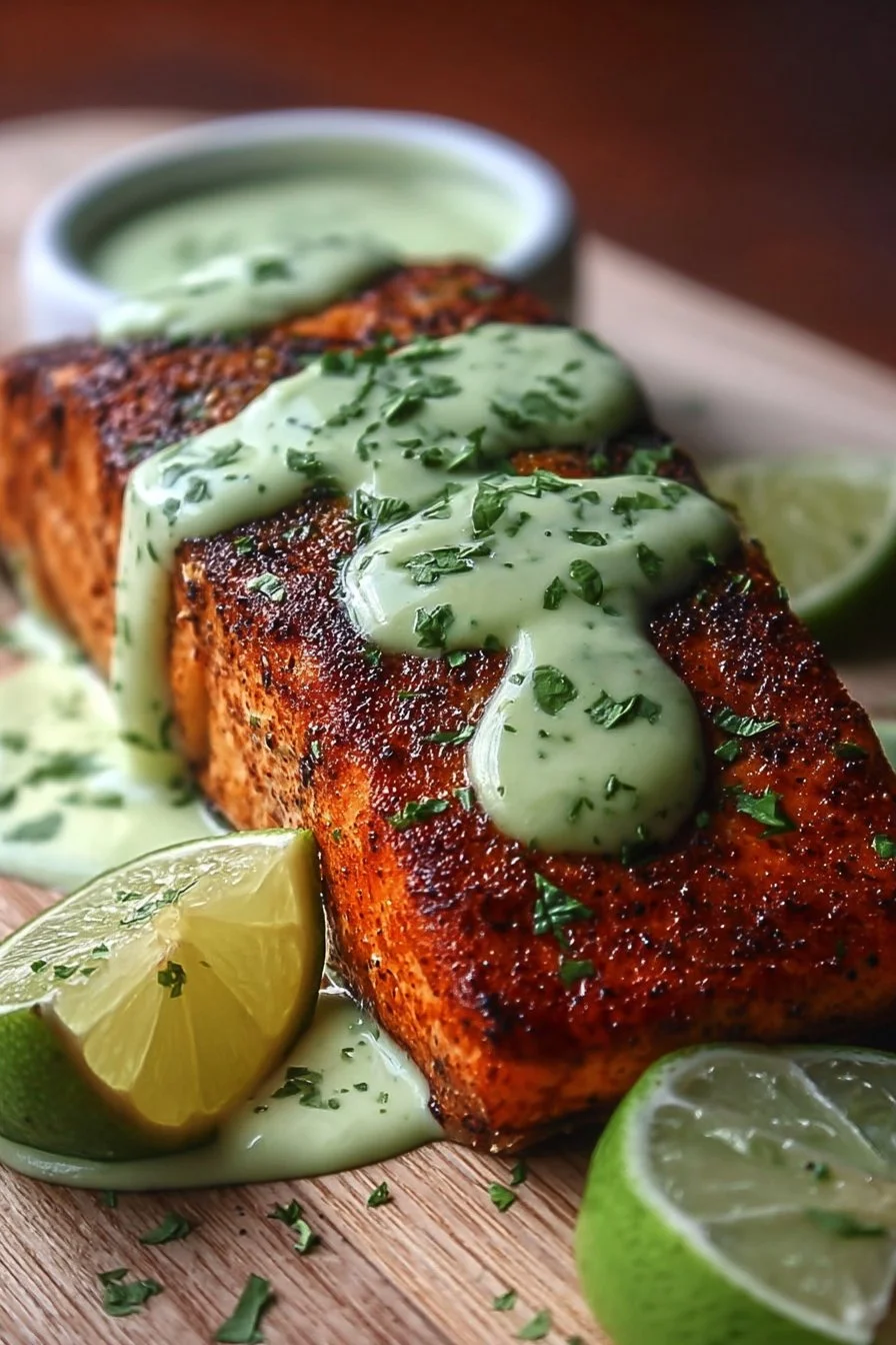Baked Cajun Salmon with Avocado Lime Sauce 2 Baked Cajun Salmon served with creamy Avocado Lime Sauce on a plate