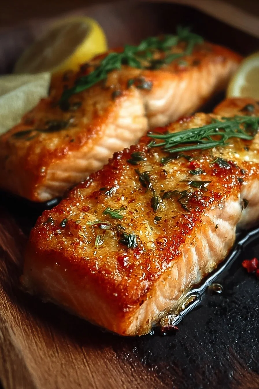Deliciously baked salmon fillet served with lemon and herbs.