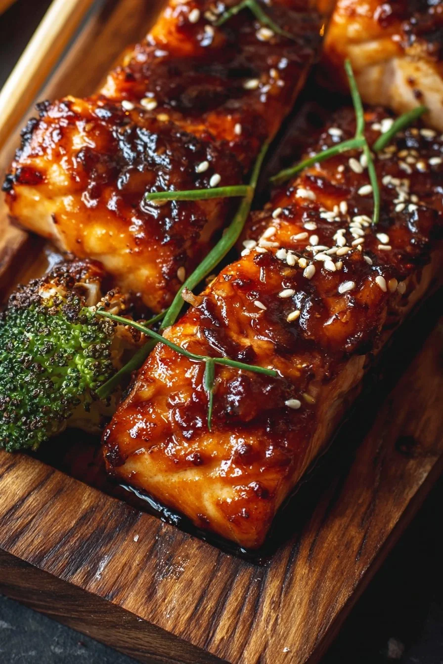 Baked teriyaki salmon fillet served on a plate with vegetables.