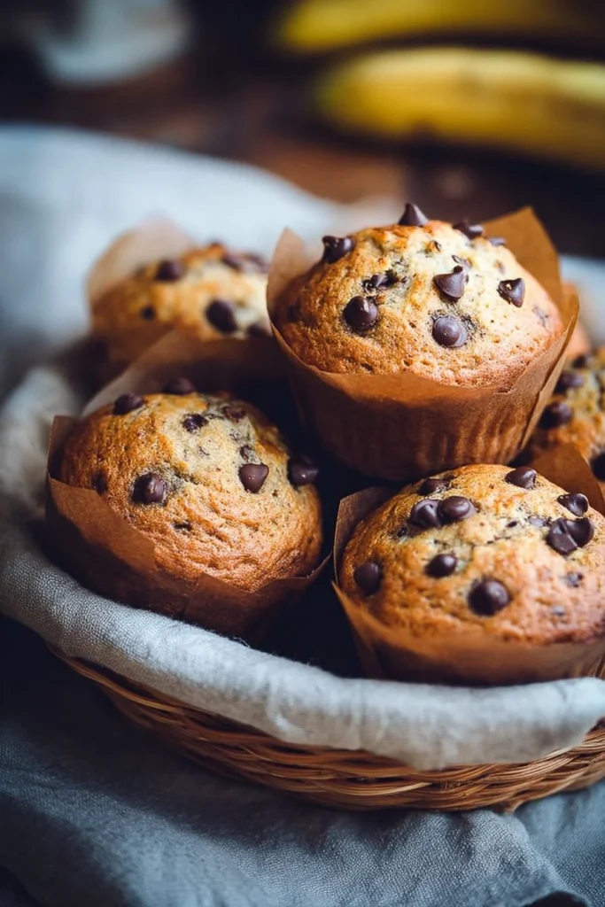 Freshly baked banana chocolate chip muffins cooling on a rack