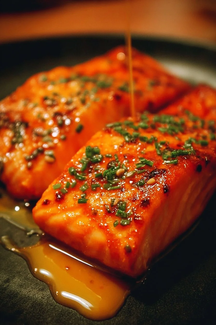 Deliciously cooked Bang Bang Salmon with a spicy sauce and garnishes